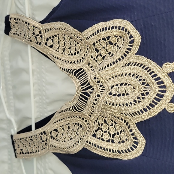 LILY Pulitzer Navy Largo Shift Gold Lace Brocade - Picture 3 of 5